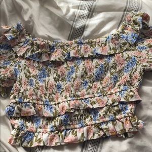 Pink&Blue Flower Off The Shoulder Crop Top